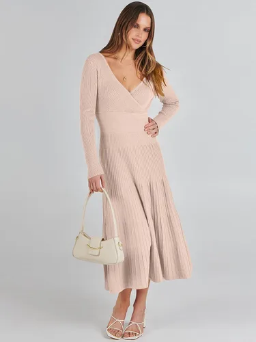 Vista 9 de ANRABESS Vestido midi cruzado tipo suéter para mujer, manga larga, cuello en V, cintura alta, acanalado, plisado, vestido acampanado