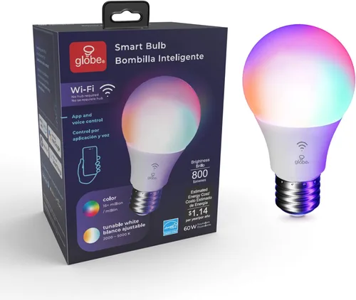 Vista 8 de Bombilla LED Wi-Fi inteligente GLOBE Electric de 10W, RGB multicolor + blanco ajustable 2000K–5000K, forma A19, base E26, control por aplicación +