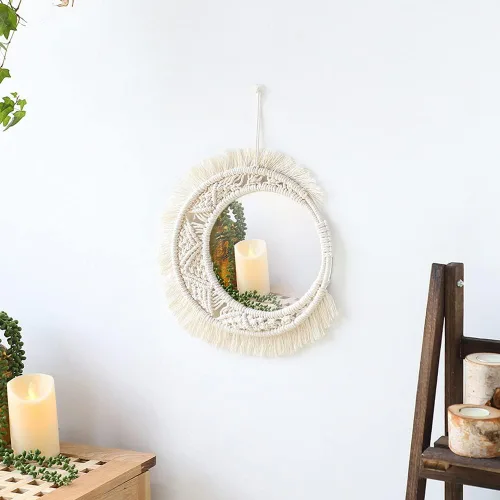 Vista 8 de Surakey Mini espejo redondo de pared con flecos bohemios macramé de 15.75 pulgadas, pequeño círculo de pared para colgar, espejo circular