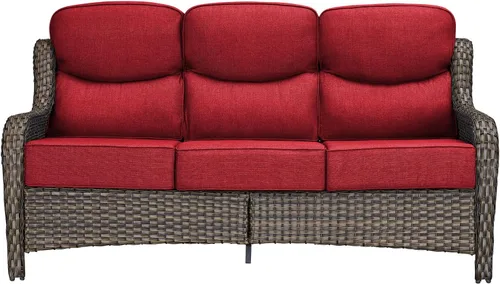 Vista 28 de Sofá Pop Patio de 2 plazas para exteriores con cojines gruesos de botones, respaldo alto, muebles de ratán de mimbre marrón resistentes y cómodos