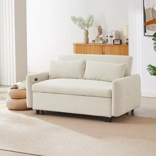 Vista 9 de KLMM Moderno sofá cama extraíble de 57.48 pulgadas, sofá cama convertible con 3 niveles de respaldo ajustable, dos almohadas y puertos USB