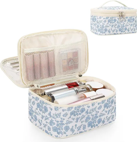 Vista 24 de Relavel Bolsa de maquillaje pequeña para mujer y niña, bolsa de maquillaje y brochas portátil de 2 capas, organizador de brochas de regalo de Navidad