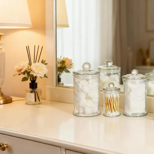 Vista 4 de Juego de 3 tarros de boticario de vidrio con tapas, recipientes de baño, tarros de almacenamiento pequeños decorativos de vidrio para hisopos