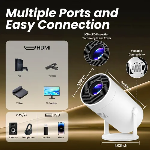 Vista 7 de Mini Proyector con WiFi y Bluetooth, Soporte 4k, Proyector Portátil para Exteriores, Proyector Inteligente con Android, Aplicación Integrada, Negro