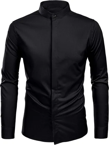 Vista 4 de JMIERR Mens Banded Collar Dress Shirts Casual Long Sleeve Mandarin Collar Button Down Shirt