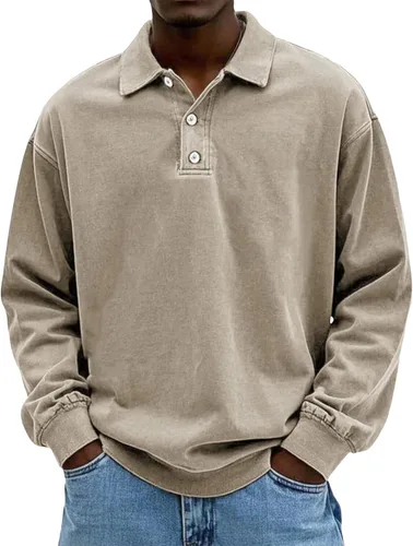 Vista 9 de Camisa Polo de Manga Larga para Hombre Camisa con Botón Desgastado Básica Color Sólido Camisa Polo Clásica Holgada Casual Camisas con Cuello Camiseta