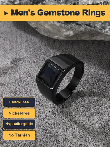 Vista 4 de U7 Anillo de joyería de moda de ónix negroazul para hombres y mujeres, anillos de sello cuadrado de acero inoxidable para papá y padre, anillos