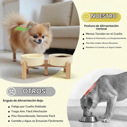Vista 3 de SPUNKYJUNKY Cuencos Elevados para Perros de Cerámica, 5.1'' Cuencos de Comida y Agua para Perros y Gatos Elevados con Soporte de Bambú Beige