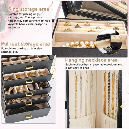Vista 3 de AKOZLIN Joyero grande organizador funcional con cerradura con espejo grande, estuche de almacenamiento de joyas de cuero para mujeres y niñas