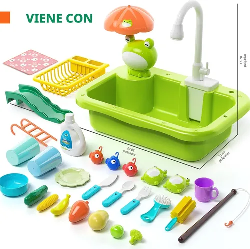 Vista 7 de Fregadero de juego con agua corriente, juguete de fregadero de cocina con grifo eléctrico, accesorios de cocina, juguetes flotantes de piscina