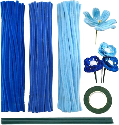 Vista 9 de URSDIART 311 piezas de limpiapipas azules para manualidades - Kit de fabricación de flores de tallos de felpilla, alambre grueso y esponjoso