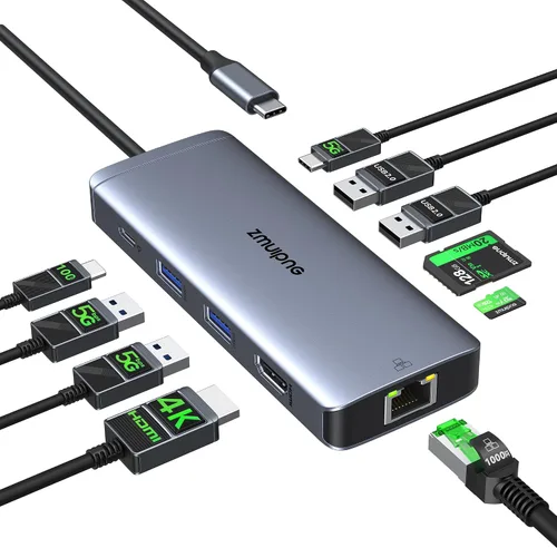 Vista 9 de Hub USB C Estación de acoplamiento USB C Monitor dual 4K@60Hz+DP 8K@30Hz para Dell HP, Estación de acoplamiento para portátil 3 monitores 15 en 1
