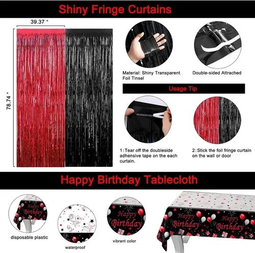 Vista 4 de Decoraciones de cumpleaños 21 para él y ella, decoraciones de fiesta de cumpleaños 21 en rojo y negro con globos, pancarta, espirales colgantes