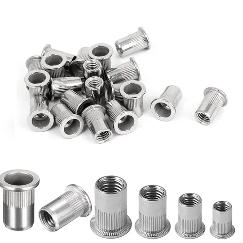Vista 8 de Tuercas remachadoras de 1/4"-20 – 50 tuercas remachables de acero inoxidable, tuerca de inserción de cabeza plana con cuerpo moleteado