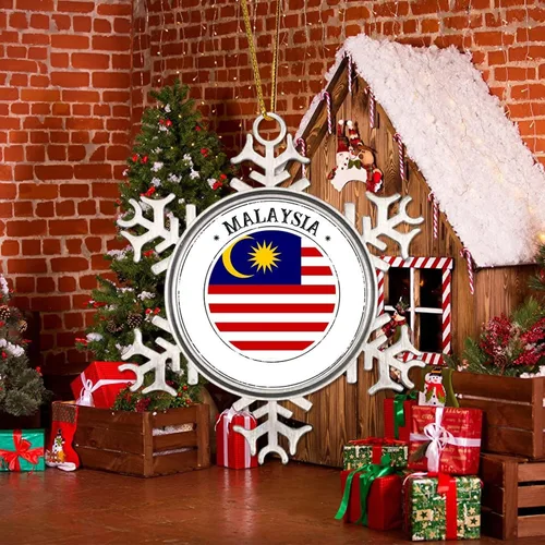 Vista 5 de Bandera de Malasia Adornos de Navidad para niños, bandera nacional, silueta de Malasia, decoraciones de Navidad, regalo de metal copo de nieve