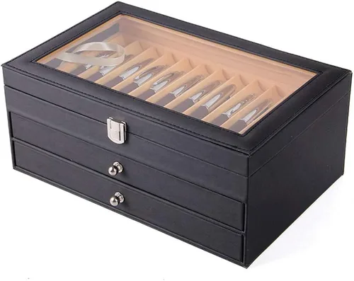Vista 4 de Caja organizadora de bolígrafos de franela de cuero negro de 36 piezas, caja organizadora de bolígrafos de vidrio con tapa, vitrina de cristal