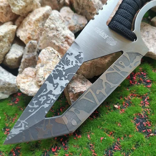 Vista 4 de Cuchillo de caza de hoja fija de 8.07 pulgadas con funda de nailon, cuchillo de supervivencia, cuchillo Bowie de espiga completa con mango