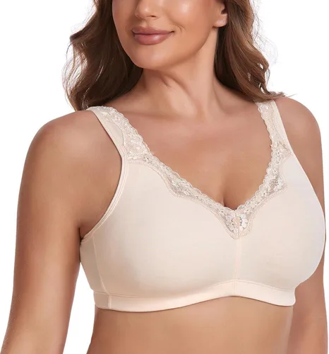Vista 4 de Brasier de algodón cómodo con encaje y cobertura completa sin forro para mujer, sin forro, sin varillas, para mujer