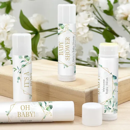 Vista 4 de Bálsamo labial para baby shower, bálsamo labial personalizado, baby shower neutro, baby shower con temática geométrica, baby shower para niño, baby