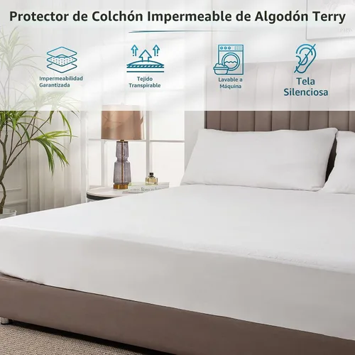 Vista 2 de Protector de colchón premium 100% impermeable, hipoalergénico, libre de vinilo, transpirable, superficie de algodón suave con bucles. -, Algodón