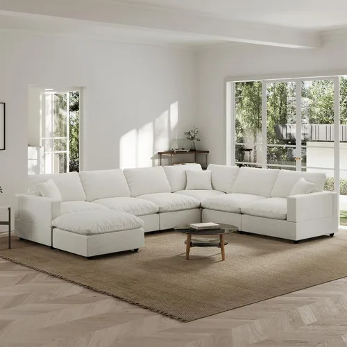 Vista 63 de Sofá seccional moderno de lino en forma de L para sala de estar, sofás modulares con relleno de plumón, fundas de cojín de sofá desmontables, sofá