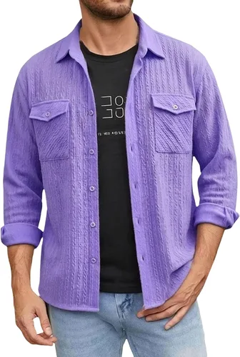 Vista 24 de Camisas con botones para hombre, casual, de manga larga, con cuello jacquard, texturizada, ligera, sobrecamisa, sobrecamisa