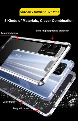 Vista 2 de Funda compatible con Realme GT Master Edition transparente, marco de metal delgado magnético, vidrio templado de doble cara, transparente, a prueba