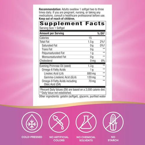 Vista 5 de Nature's Way Aceite de onagra, fuerza máxima, prensado en frío, sin refinar, 1300 mg con 120 mg de GLA por porción, 60 cápsulas blandas