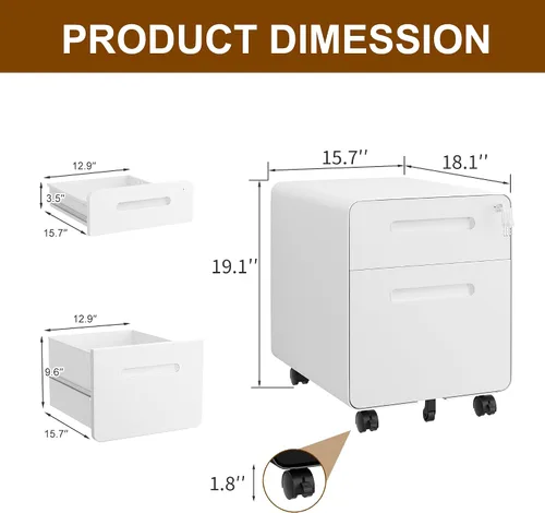Vista 3 de Archivador de 2 cajones con cerradura y 4 llaves, archivador móvil de metal, archivadores para oficina en casa, debajo del escritorio, premontaje