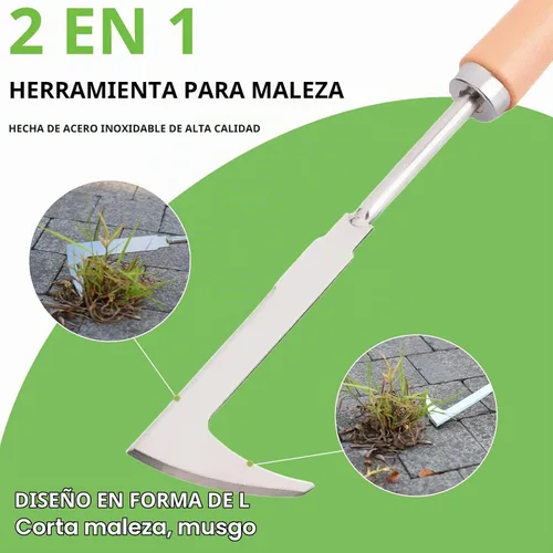 Vista 3 de Desbrozadora de grietas, herramienta de deshierbe de acero inoxidable de 12 pulgadas con mango de madera, espátula extractora de malezas