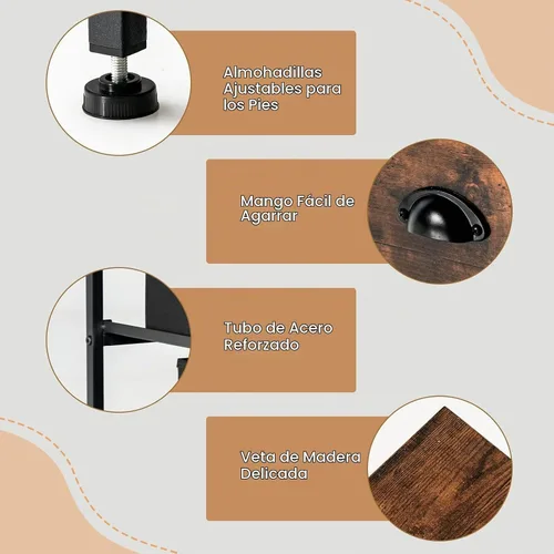 Vista 4 de GOFLAME Cómoda con 5 cajones, cómoda con almohadillas ajustables para los pies, cajones plegables, marco de acero y parte superior de madera, cómoda