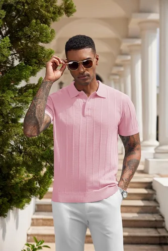 Vista 76 de COOFANDY Camisas polo de punto para hombre de manga corta con textura acanalada Camisas de golf casuales y ligeras con cuello Camiseta de polo