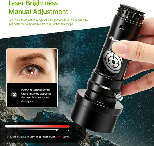 Vista 2 de Astromania Colimador láser para telescopios newtonianos dobsonianos, alineación de telescopios de 1.25 pulgadas, 7 niveles brillantes con adaptador