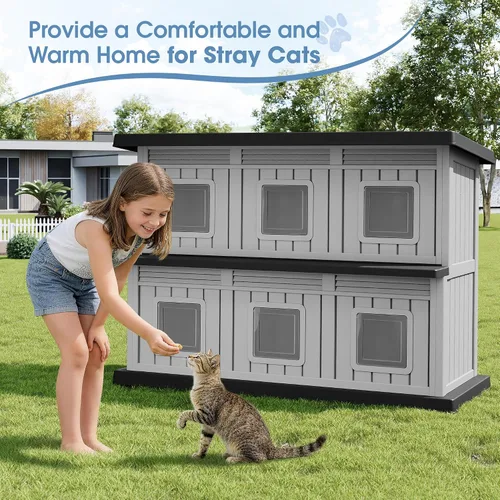 Vista 6 de Casa de gato resistente a la intemperie para exteriores, casa para gatos al aire libre para múltiples gatos, refugio de resina de doble piso