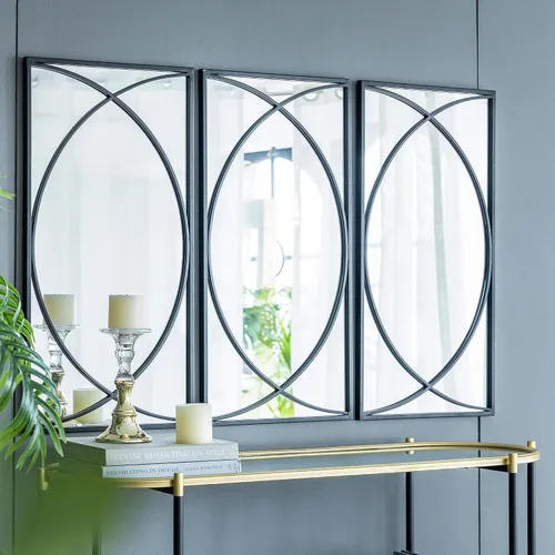 Vista 7 de A&B Home - Espejo rectangular de pared con marco de metal negro, juego de 3 piezas de espejo montado en la pared, decoración de pared del hogar