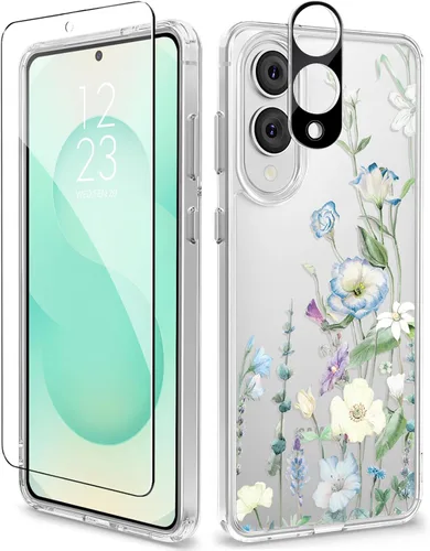 Vista 58 de GVIEWIN Funda protectora para Samsung Galaxy S25, transparente floral, delgada, a prueba de golpes, para mujer, no se pone amarilla, con protector
