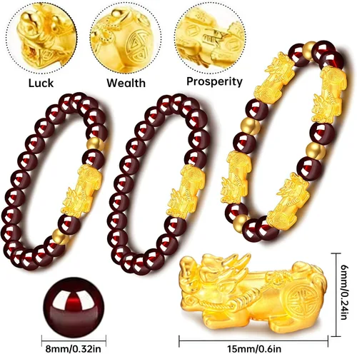 Vista 4 de 3 pulseras Feng Shui Pixiu de la buena suerte para mujeres y hombres, juego de pulseras de la suerte que atraen riqueza, dinero y fortuna, piedras