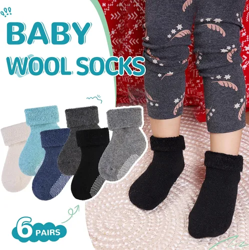 Vista 4 de 6 pares de calcetines antideslizantes para bebés, niños y niñas, calcetines cálidos de lana gruesa y suave con empuñaduras