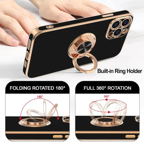 Vista 4 de Hython Funda para iPhone 13 Pro Max con soporte de anillo [soporte de anillo giratorio de 360° con soporte magnético] [borde chapado en oro rosa]