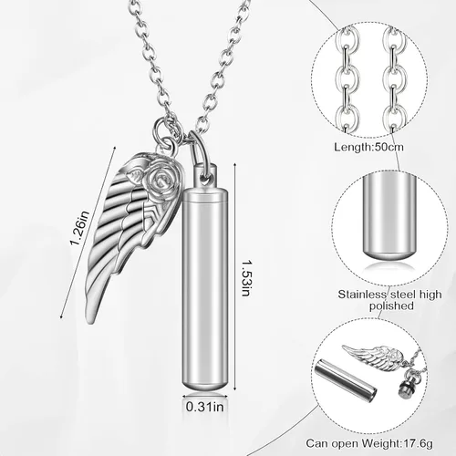 Vista 2 de Collar de urna para cenizas, joyería de cremación cilíndrica con dije de ala de ángel, recuerdo conmemorativo, recuerdo para mujeres y hombres