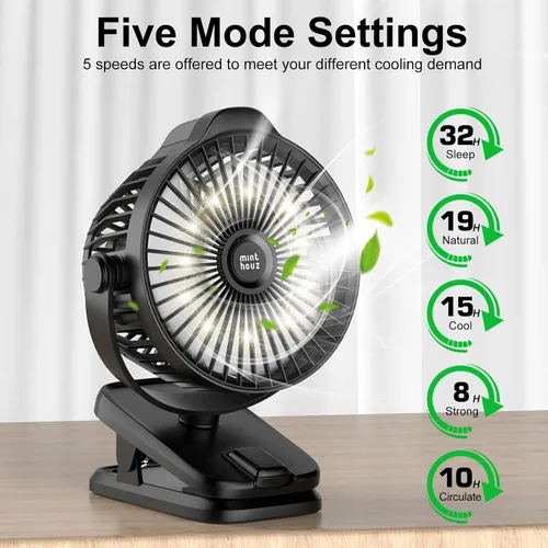 Vista 2 de Minthouz Ventilador de clip – Ventilador pequeño recargable USB C de 8000 mAh con indicador de nivel de batería, rotación de 720° de bajo ruido