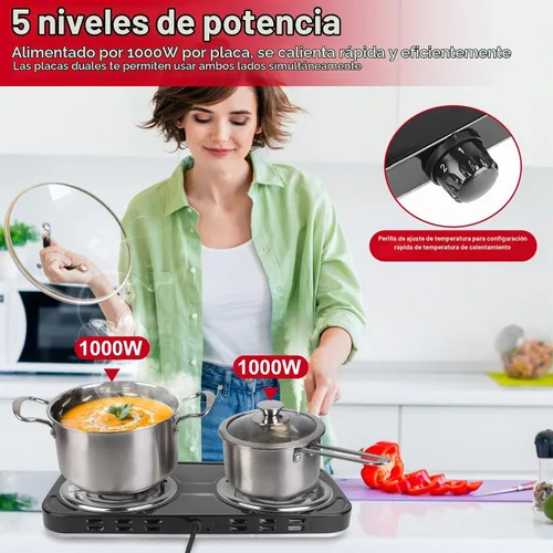 Vista 8 de Placa eléctrica de 2000 W, estufa eléctrica portátil para encimera, quemadores de bobina doble con control dual y control de temperatura de 5