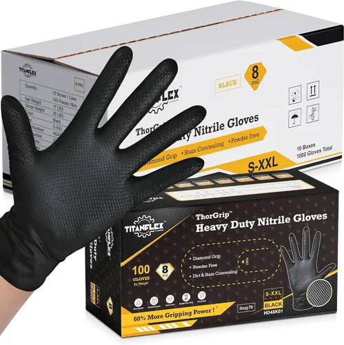 Vista 11 de TitanFlex Heavy Duty Black Industrial Nitrile Gloves with Raised Diamond Texture, Latex Free 8mil