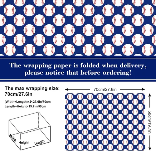 Vista 2 de AnyDesign 12 hojas de papel de regalo de béisbol, no enrolladas, papel de regalo deportivo, papel de regalo deportivo, plegado a granel, papel plano