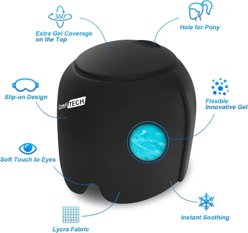 Vista 4 de ComfiTECH Head Ice Pack Wrap con cobertura superior, gorro de gel refrigerante, mediano, color negro