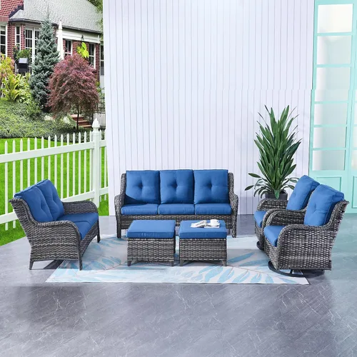 Vista 99 de HUMMUH Juego de 2 Sillas Giratorias Mecedoras de Mimbre para Patio Exterior, Juego de Muebles de Sillas Mecedoras de Ratán (Marrón, Azul) 50,000