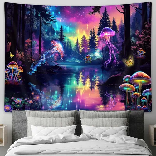 Vista 7 de MERCHR Tapiz de pared de flor de cerezo con sol rosa y rojo, olas del océano y escena de montaña, diseño de anime asiático para dormitorio, 60 x 40