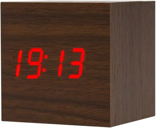 Vista 6 de ThreeH Reloj despertador digital de madera, reloj pequeño con pantalla LED de calendario de temperatura, control de sonido, modo de repetición