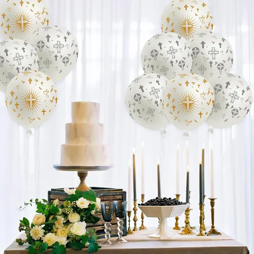 Vista 3 de WATINC 36 globos de cruz que Dios bendige, decoración de fiesta de bautismo, suministros de confirmación, decoración de primera comunión, globo