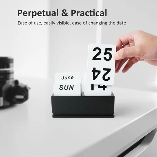 Vista 5 de Calendario Perpetuo de Bloques de Madera para Escritorio, Calendario Diario de Escritorio de Pie y Voltear con Gran Pantalla, Accesorios